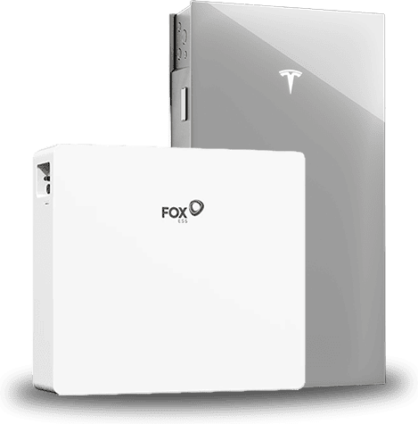 Home battery storage units side by side: Fox ESS wall battery and Tesla Powerwall