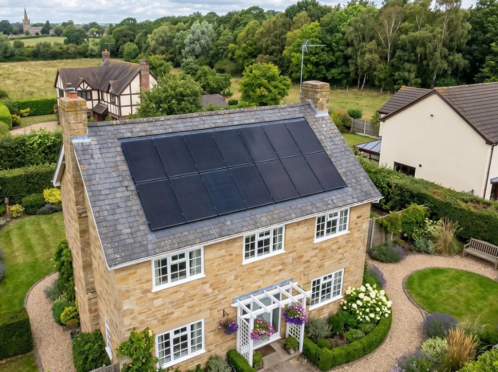 Detached UK stone house with solar panels on the slate roof, landscaped garden and countryside beyond