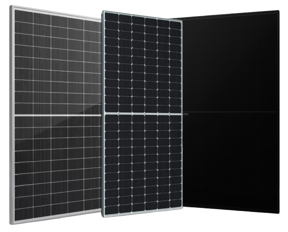 Three solar panel finishes side by side: silver-frame, black-frame, and full all-black N-type
