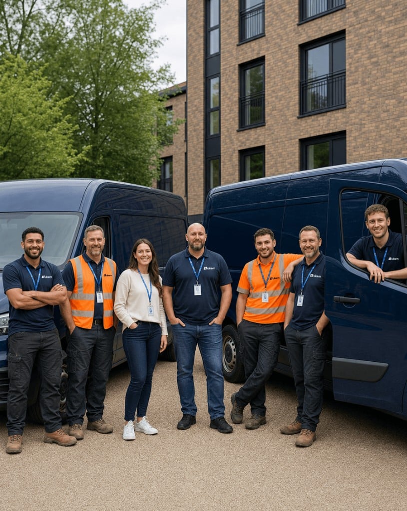 UKEM installer team in navy uniforms and high-vis vests with ID badges, in front of two navy UKEM service vans outside a modern brick building