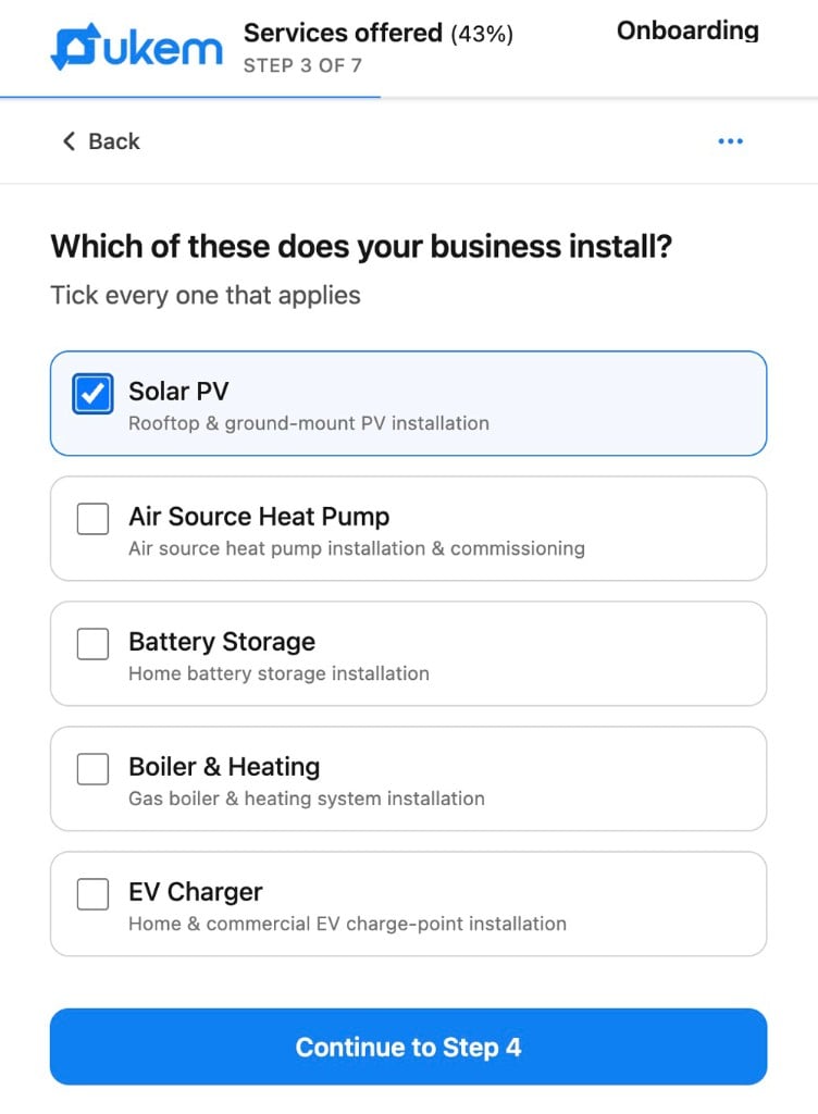 UKEM installer onboarding on a phone: step 3 of 7, choosing which services your business installs