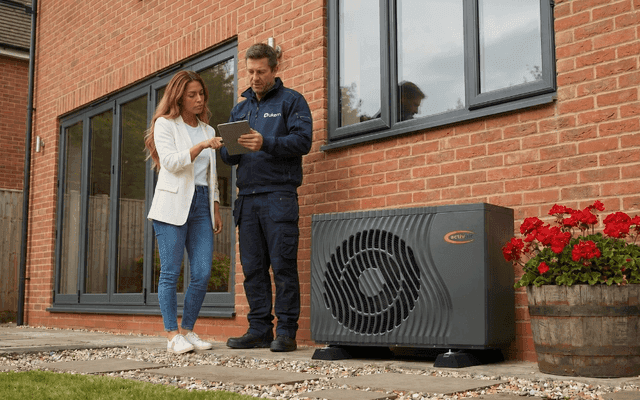 UKEM engineer and homeowner beside a Trianco Activair heat pump at a UK home