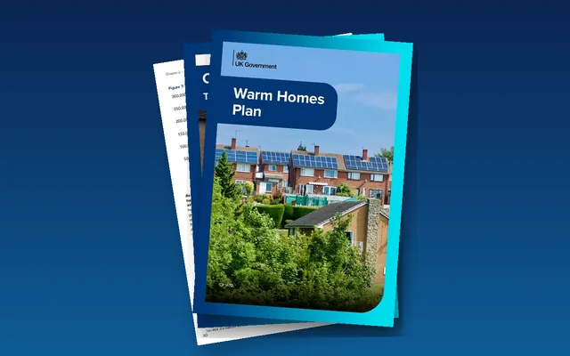 Cover of the government Warm Homes Plan with two inside pages fanned behind it
