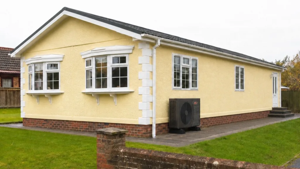 Cream residential park home with brick skirting and an air source heat pump installed against the side wall