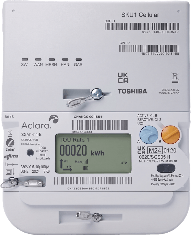 Smart electricity meter showing Time of Use Rate 1, the kind of multi-rate meter used with Economy 7 tariffs