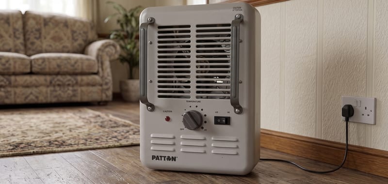 Electric fan heater on a living-room floor, the forced-air style of heat a warm air unit delivers for a whole park home