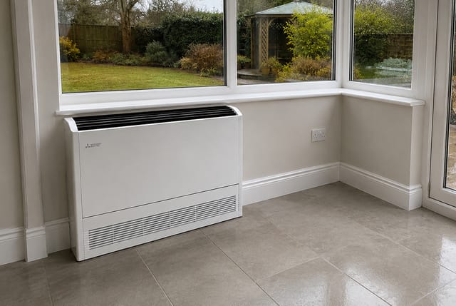 White electric heating unit fitted below a window in a park home, the one-to-one heating a heat pump replaces