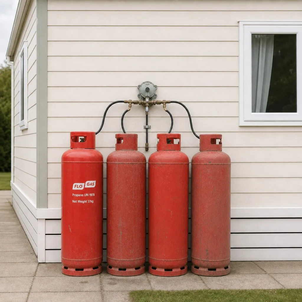 Four red Flogas propane cylinders piped to a regulator on a park home wall, the delivered fuel a heat pump replaces