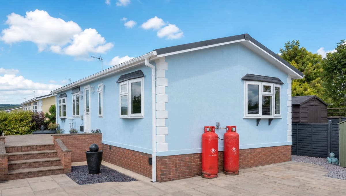 Pair of red LPG cylinders against the side wall of a light blue residential park home with brick skirting