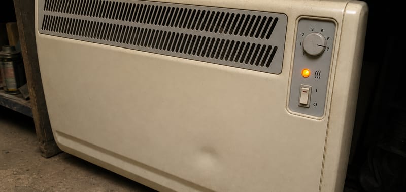 Input and output control dials on an electric storage heater in a UK park home