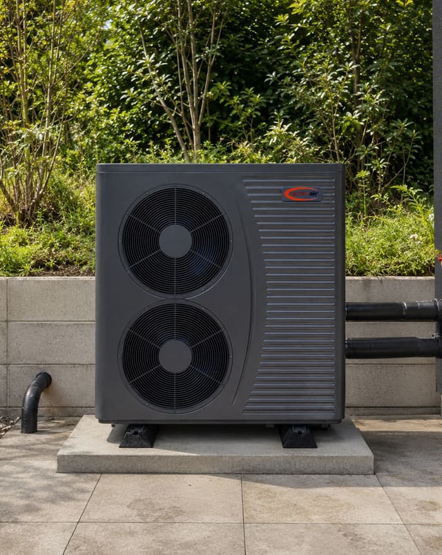 Trianco Activair twin-fan air source heat pump on a concrete pad beside a planted courtyard wall