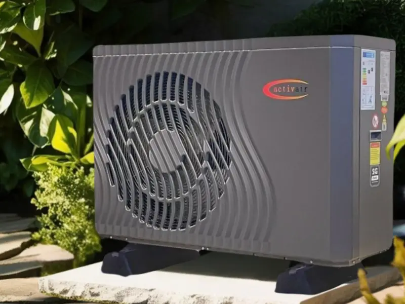 Trianco Activair outdoor air source heat pump installed on a paved base beside a garden border