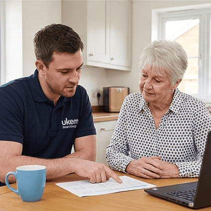 UKEM engineer explaining pricing clearly to a homeowner