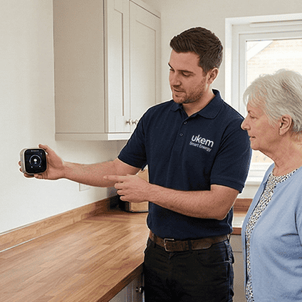UKEM engineer answering a homeowner's questions during an installation visit