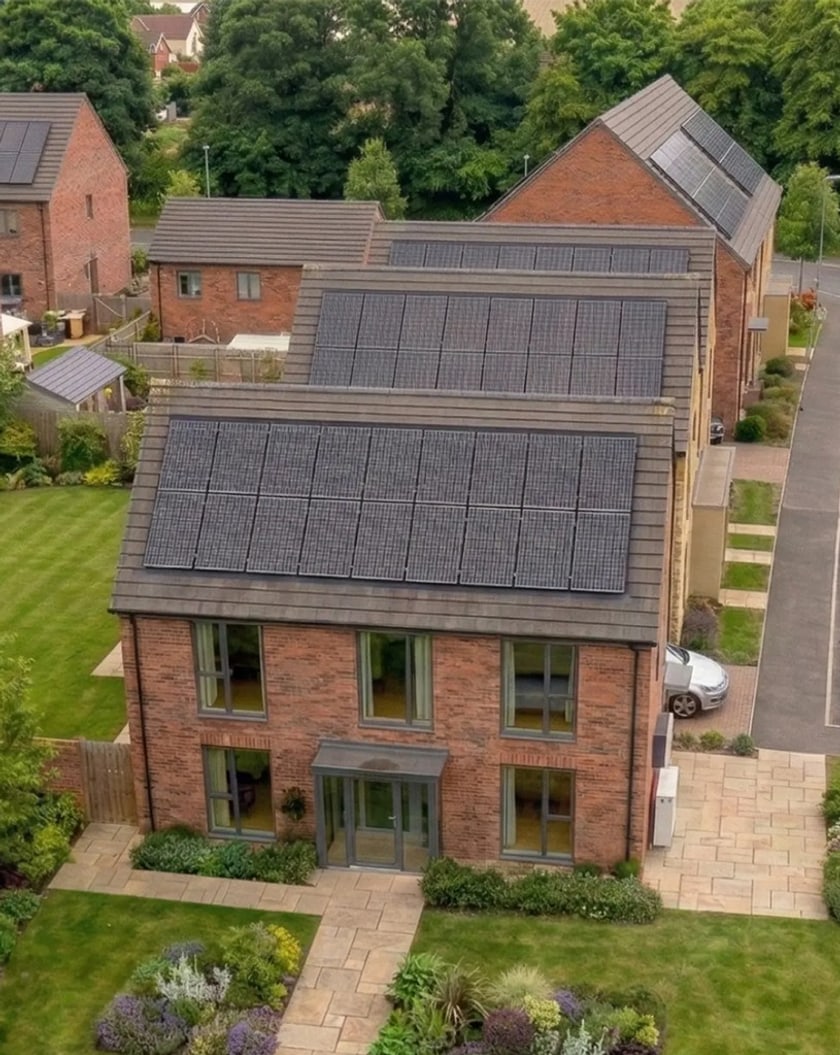 Aerial view of a UK detached home with all-black solar panels covering the roof
