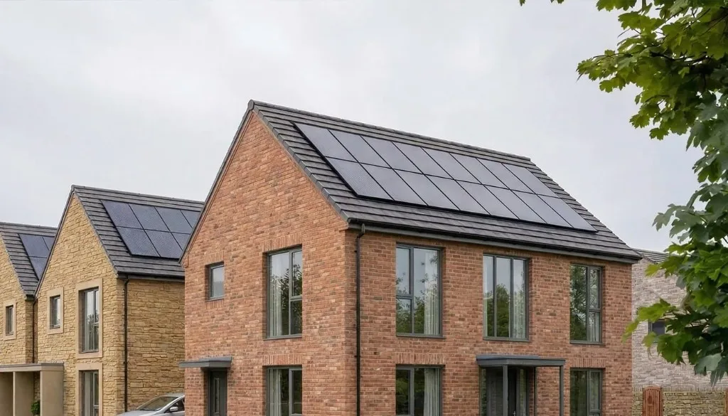 Solar panels on the roofs of new brick and stone houses