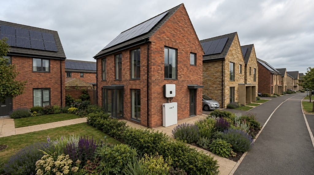 UK homes with rooftop solar panels and a Fox ESS battery and inverter on the wall