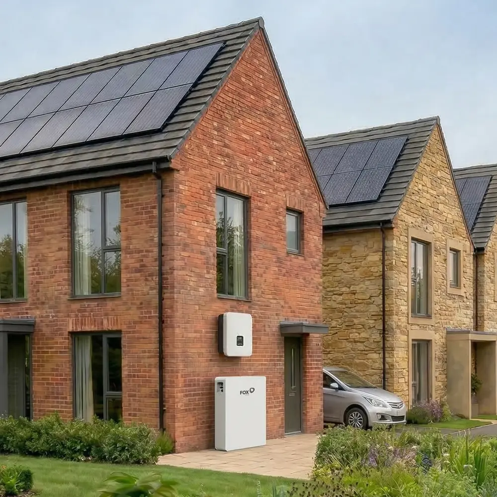 Solar panels on a roof with inverter and FoxESS battery storage unit on the wall