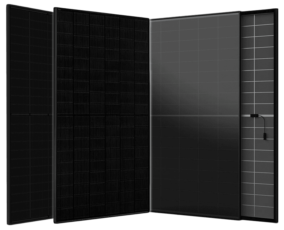 Four solar panel finishes side by side: all-black framed, full all-black, semi-transparent, and framed grid panels